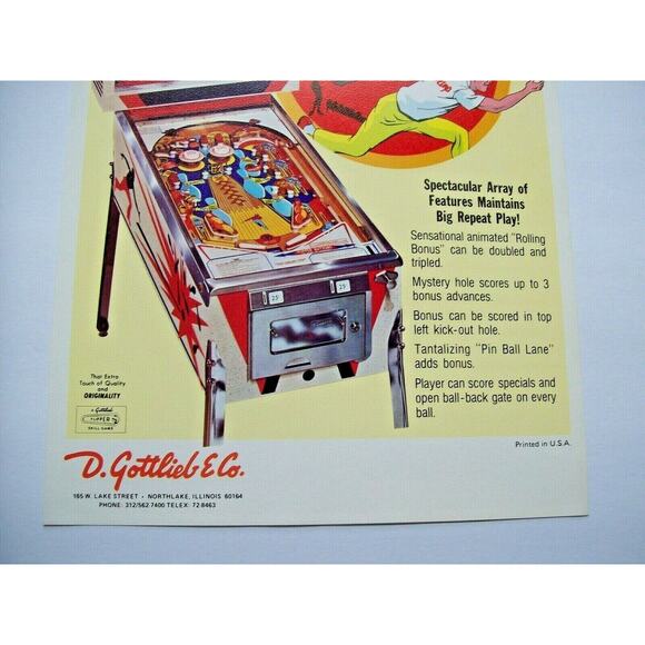 300 Pinball FLYER Original NOS Vintage 1975 Game Artwork Non Circulated Bowling - Picture 3 of 4